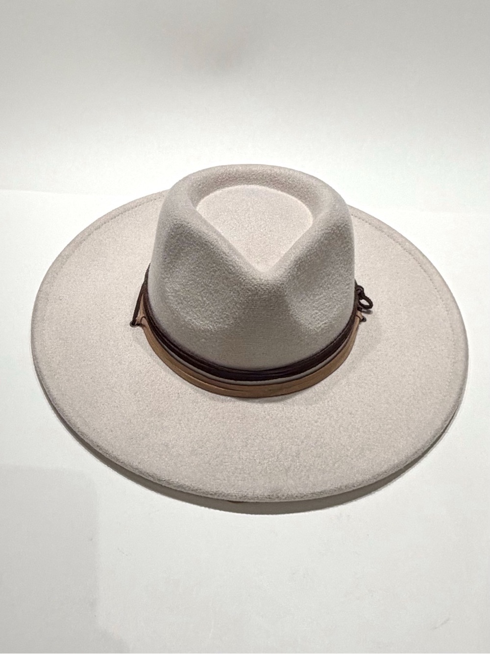 Wide Brim Cream Felt Fedora Hat with Brown and Tan Leather Bands